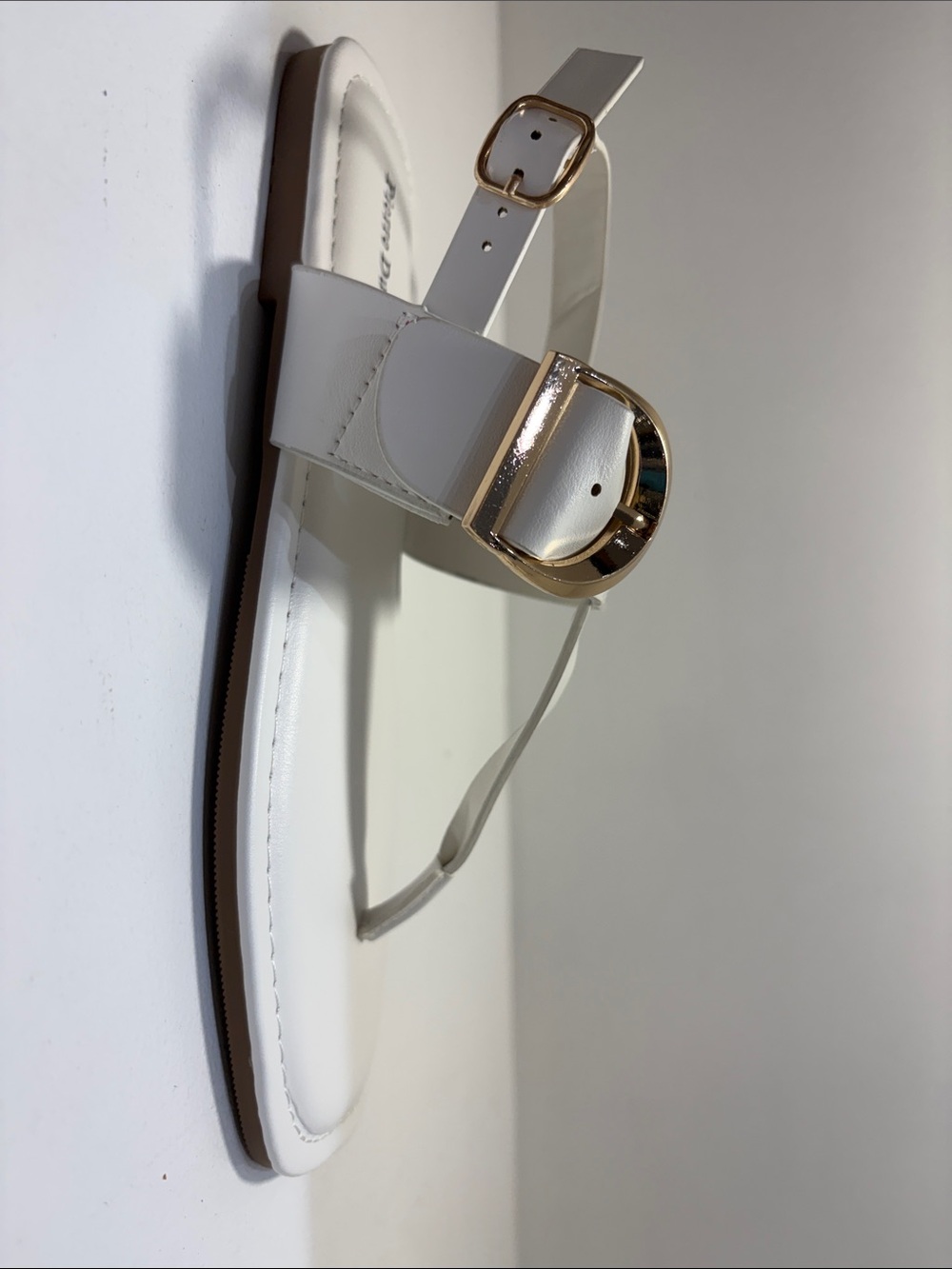 Pierre Dumas White Thong Sandals with Gold Buckle